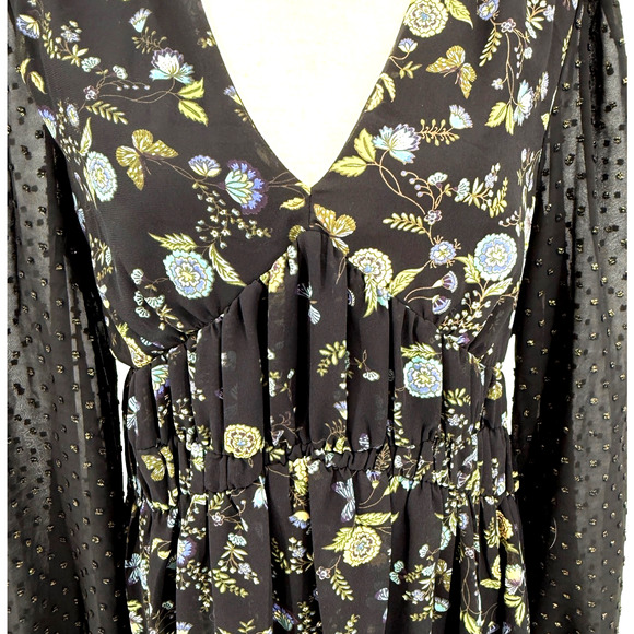 Umgee Mini Dress Womens L Floral Chiffon Swiss Dot Dark Romantic Fall Feminine - Picture 3 of 8